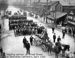 Hauling Cannon up Broad street to Sewickley Cemetary, 1905